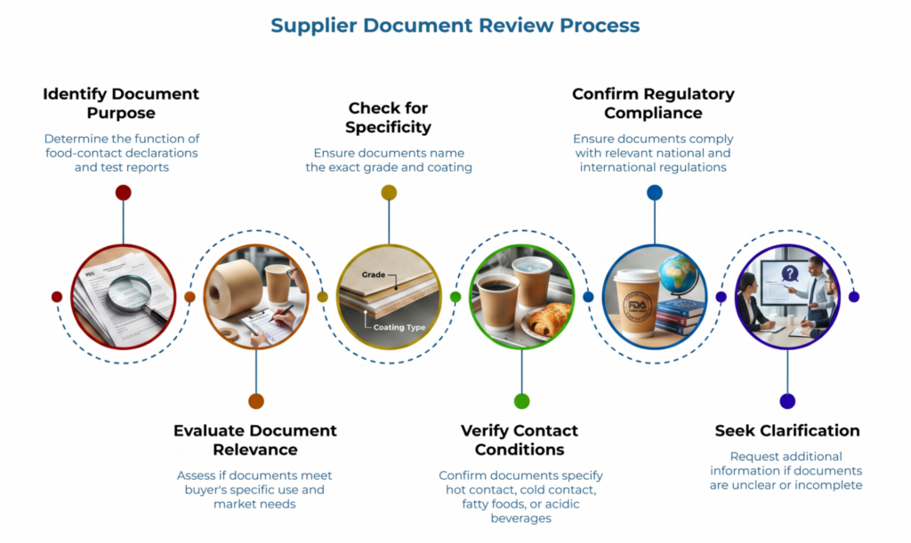 “Supplier Document Review Process” showing six checks: identify document purpose, assess buyer and market relevance, confirm exact grade and coating, verify hot or cold food-contact conditions, check national and international compliance, and request clarification for gaps.