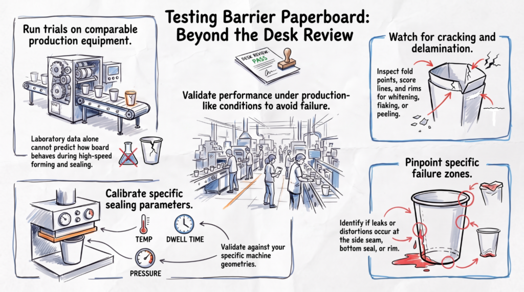 “Testing Barrier Paperboard: Beyond the Desk Review” showing production-line trials, calibration of sealing temperature, dwell time and pressure, checks for cracking or delamination, and identification of leak zones at cup seams, bottoms and rims.