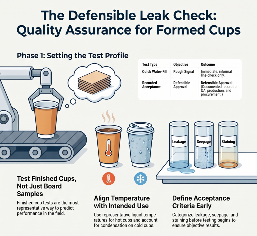 “The Defensible Leak Check: Quality Assurance for Formed Cups” showing Phase 1: set the test profile. Recommends testing finished cups, matching hot or cold liquid temperatures, defining leakage, seepage and staining criteria, and recording acceptance tests for defensible approval