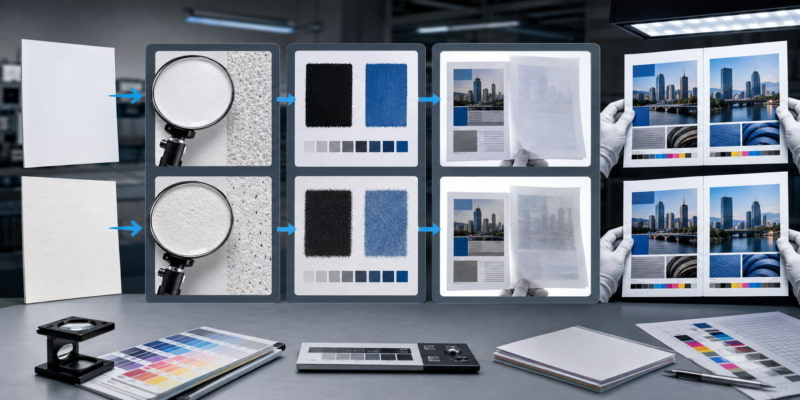 Paper evaluation workflow comparing coated and uncoated sheets through surface, ink, opacity, and print checks.