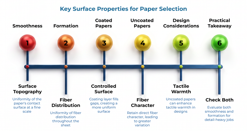 Six paper-selection considerations: smoothness reflects fine surface topography, while formation reflects fiber distribution. Coated papers create more uniform surfaces; uncoated papers retain fiber character and tactile warmth. For detail-heavy jobs, evaluate both smoothness and formation.