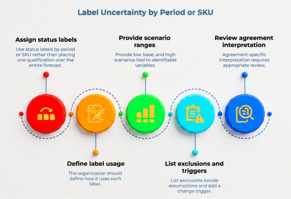 “Label Uncertainty by Period or SKU” showing five practices: assign status labels, define label usage, provide low/base/high scenarios, list exclusions and change triggers, and review agreement-specific interpretations before relying on the forecast.