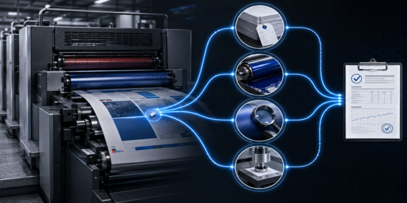 Offset press picking defect branching to paper, ink, blanket, and test evidence before approval.