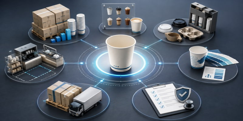 Central paper cup linked to seven operational nodes for demand, menu, compatibility, branding, supply, and governance.