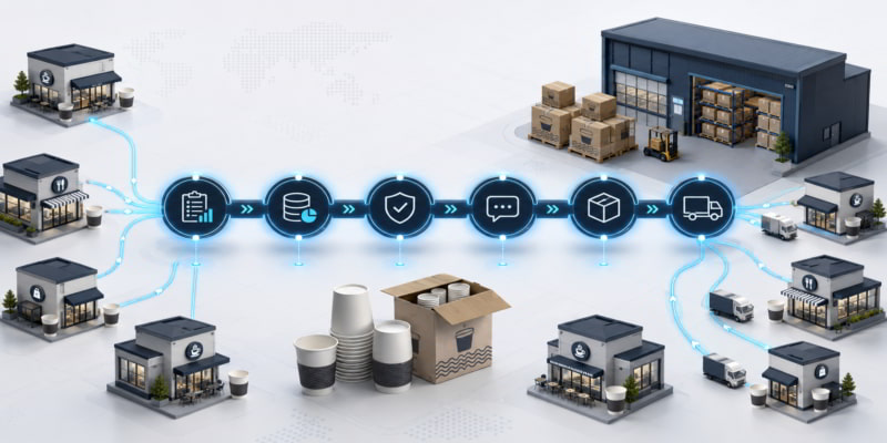 Isometric paper cup supply chain graphic showing store demand, control handoffs, warehouse allocation, and delivery flow.
