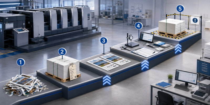 Five-step print quality evidence ladder in a pressroom, from waste sheets to lot traceability, testing, and hold area.