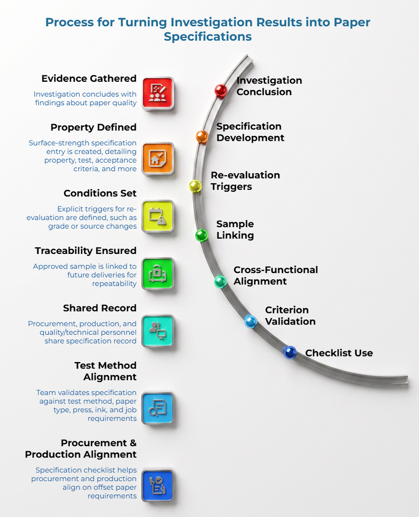 Seven-step process for turning paper-quality investigations into specifications: gather evidence, define the affected property and acceptance criteria, set re-evaluation triggers, link approved samples to future deliveries, share one record across teams, align test methods, and use a checklist to keep procurement and production requirements consistent.