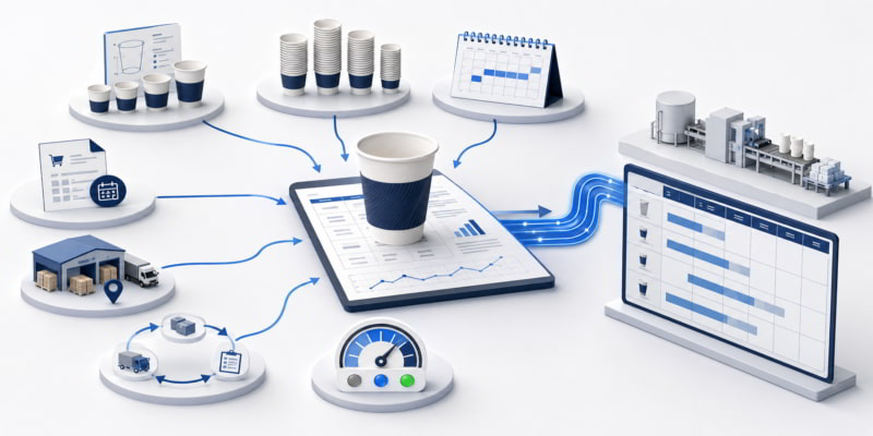 Isometric diagram of seven paper cup planning inputs flowing into a central forecast and production schedule board.