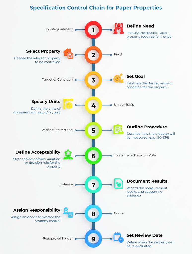 Nine-step specification control chain for paper properties: define the job need, select the property, set a target, specify units, name the verification method, define tolerance or decision rules, document evidence, assign an owner, and set a reapproval or review trigger.